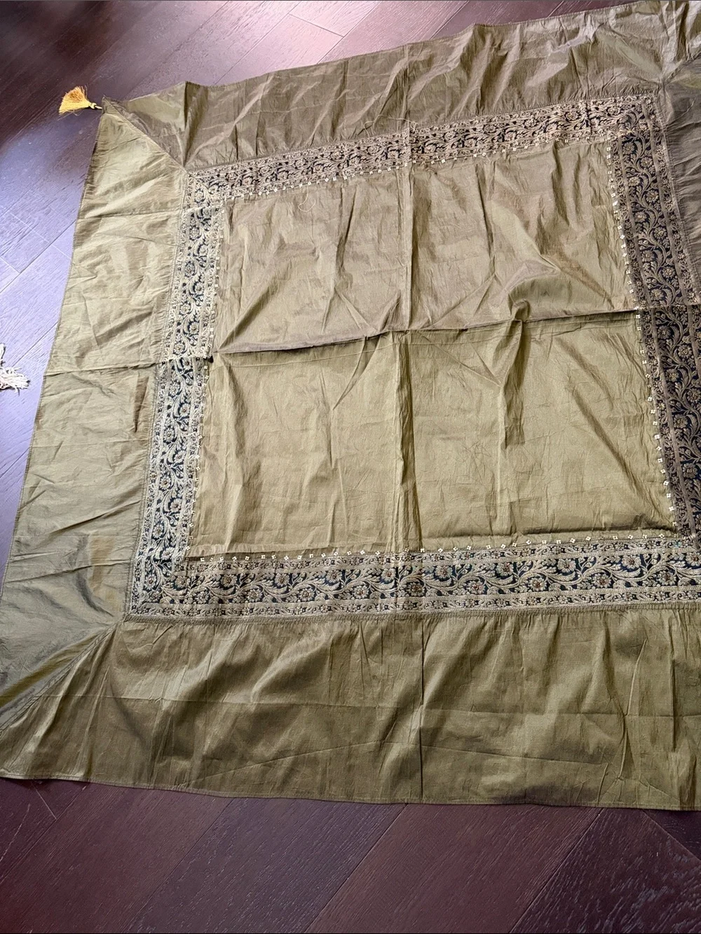 Olive Green Embroidered Cotton Throw/ table cover with goldTassels